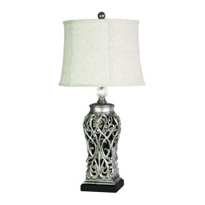 Dorne Filigree Antique Silver Table Lamp Raw Linen Shade - OL97976AS