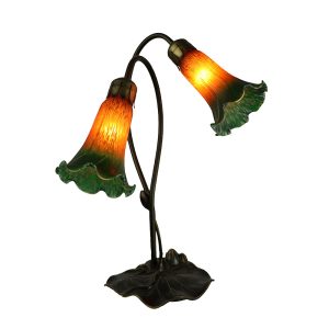 Two Branch Tiffany Lily Table Lamp Green & Amber - LLTB-2-GA