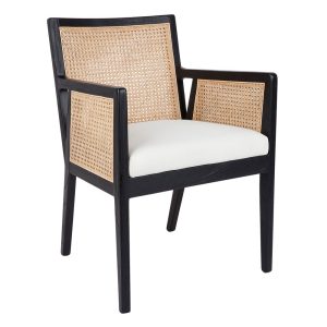 Kane Rattan Black Carver Dining Chair White Linen - 32477