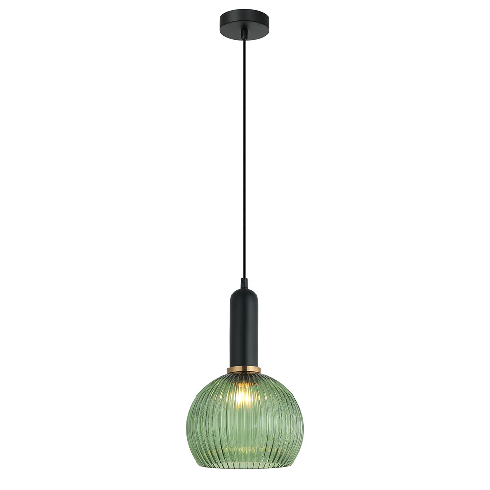 Interior Ribbed Wine Shaped Glass Pendant Green - VINTAJ2